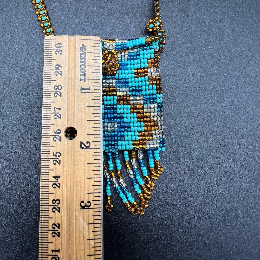Vintage Turquoise Gold Seed Bead Peyote Amulet Pouch Necklace Fringe - Picture 6 of 8
